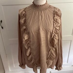 Andre by Unit beige tan silky satin fabric ruffle long sleeve blouse